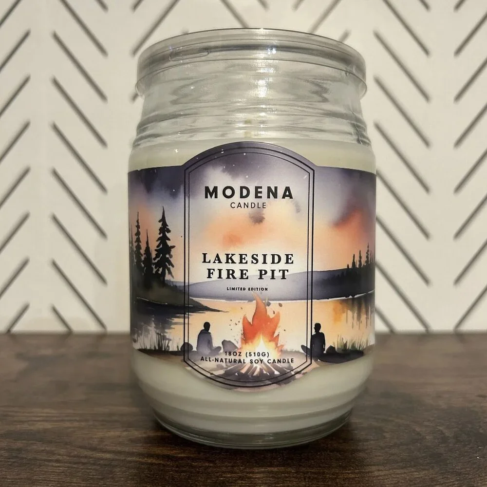 NEW Modena Candle Lakeside Fire Pit Limited Soy 18oz Woodsy Earthy Mancave